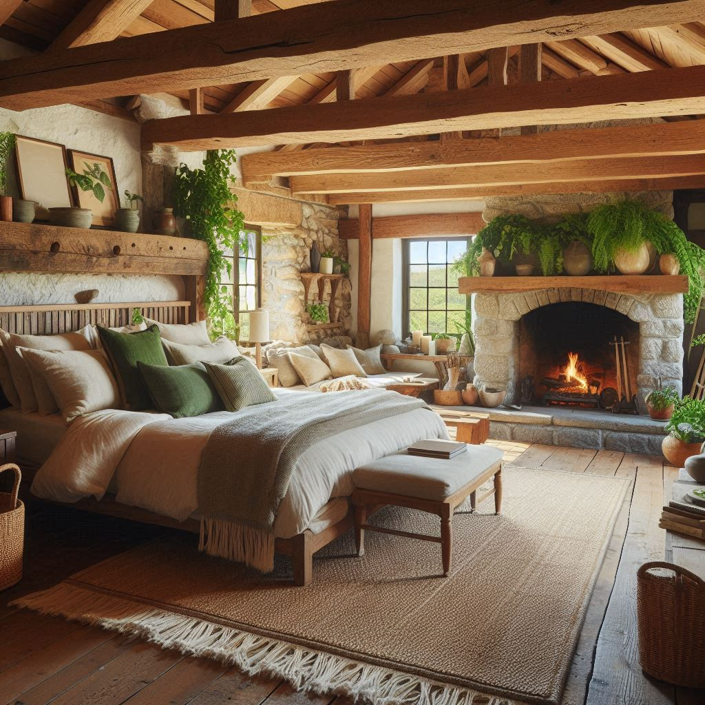 bedroom ideas with exposed wooden beams and a stone fireplace, large, comfortable bed with cream linens and green throw pillows, rustic wooden furniture