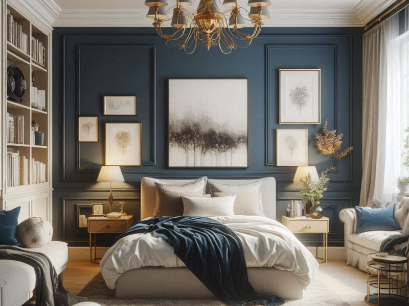 spacious room with a navy blue accent wall behind