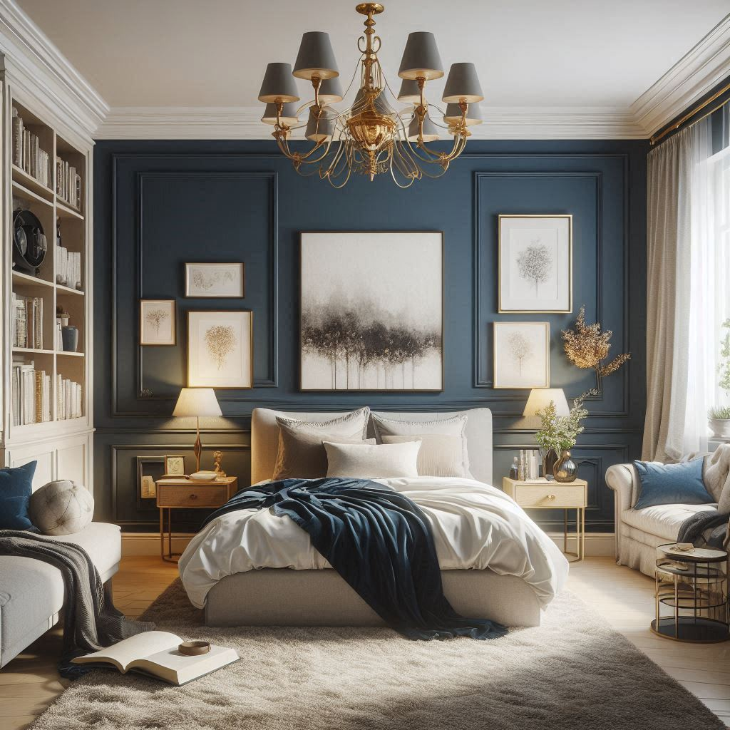 spacious room with a navy blue accent wall behind