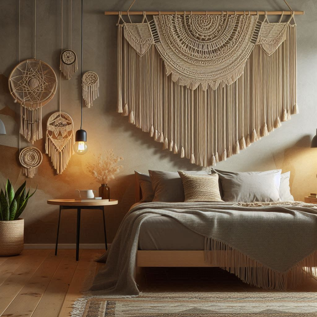 Large macrame hanging above bed