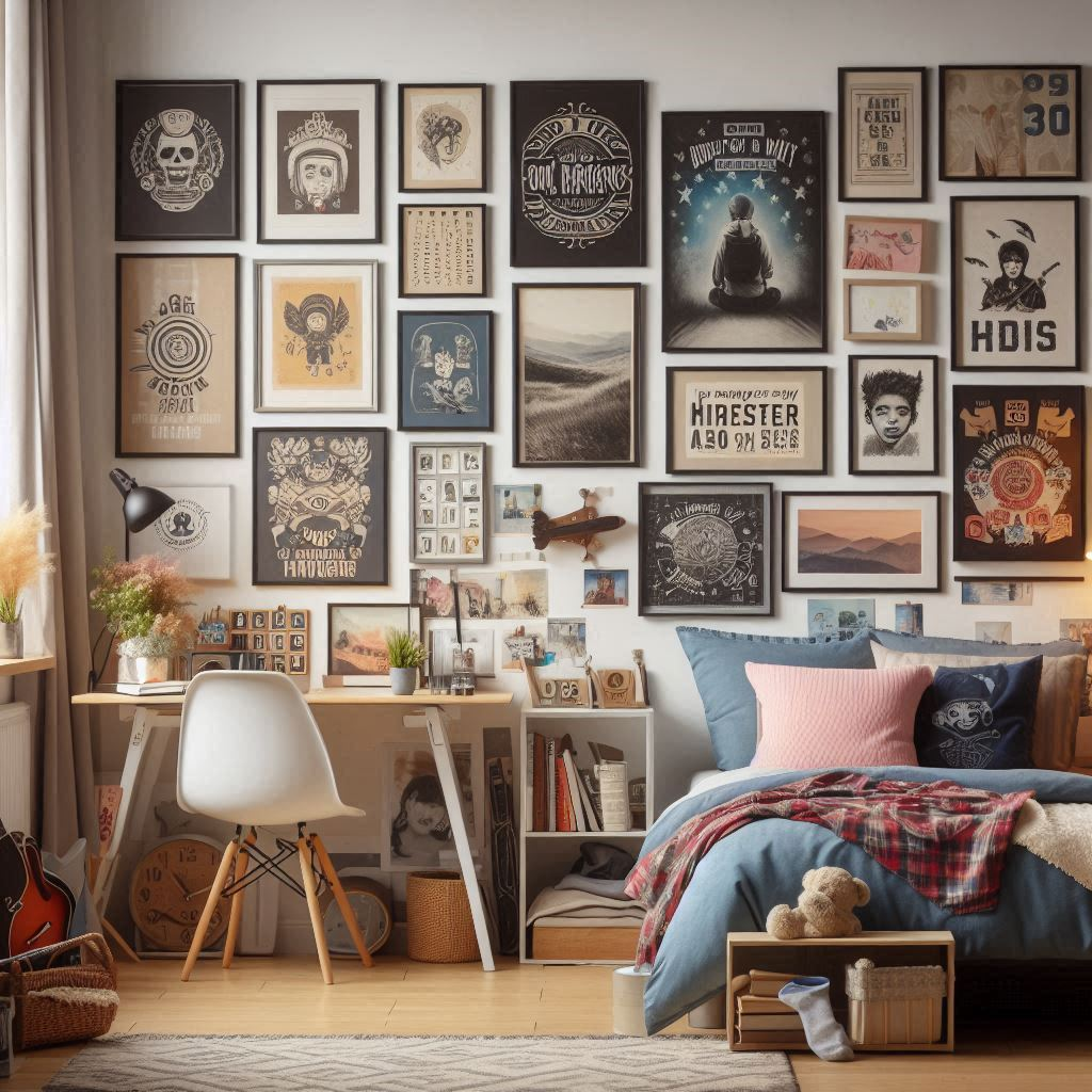 Teenager bedroom with gallery wall