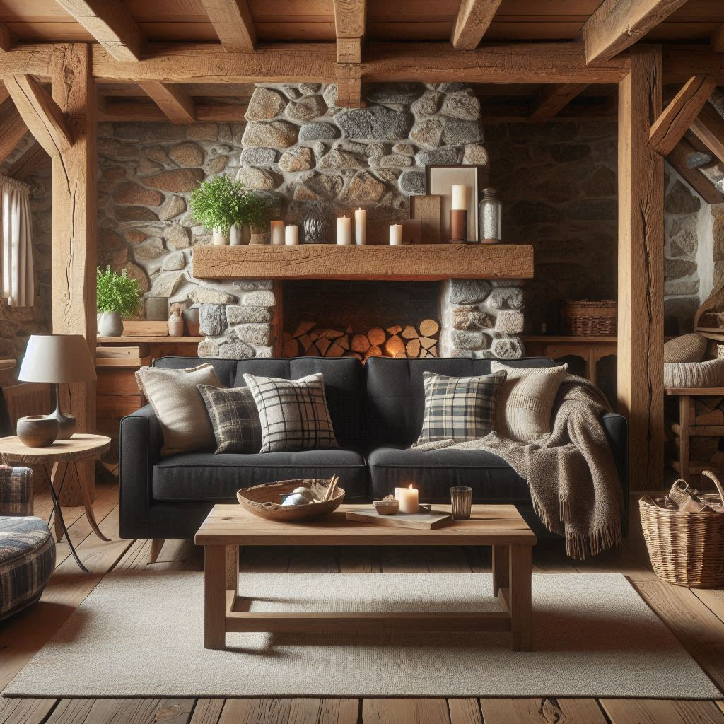 black sofa living room in a rustic decor