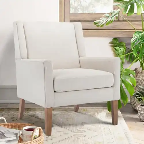 Modern Wingback Living Room Accent Armchair, Wood Legs, Beige