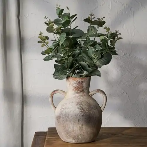 Rustic Ceramic Farmhouse Vase with 2 Handles, Whitewashed Terra Cotta, 7.3 Inch