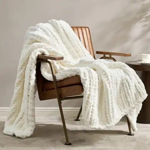 Chunky Knit Blanket Throw, Thick Soft Chenille Yarn Throw, 40x50, Ivory