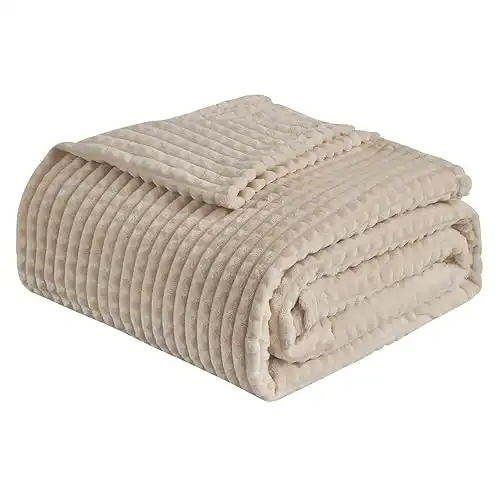 EMME Fleece Blanket Queen Size Luxury Flannel (Beige, 80'' x 90'')