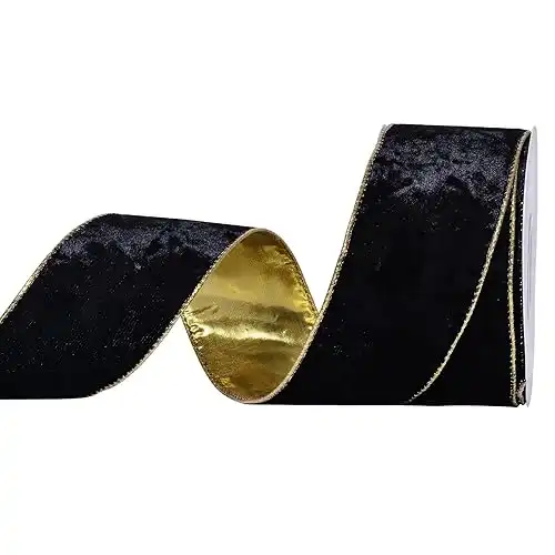 2 1/2 Inch Black Velvet Wired Ribbon with Gold Edge - 10 Yards