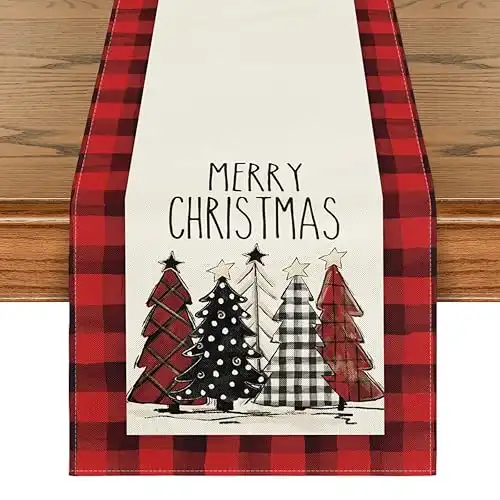 Red and Black Buffalo Plaid Christmas Trees Table Runner, 13 x 72 Inch