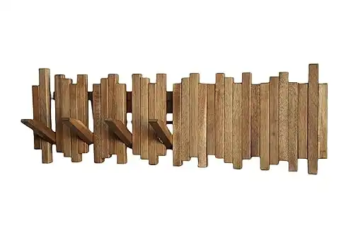 Natural Wood Wall Mounted Piano Coat Rack Flip Down 7 Hooks, Made of Acacia Wood (Wood Wax Oil staining Light Brown)