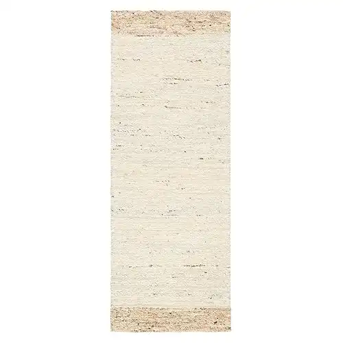 Textured Border Handcrafted 100% Wool Runner Area Rug, Ivory/Beige, 2'5