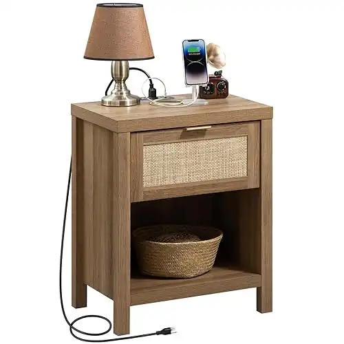 Rattan Night Stand with Charging Station, with Type-C and USB Ports with Drawer and Open Shelf, Oak Wood