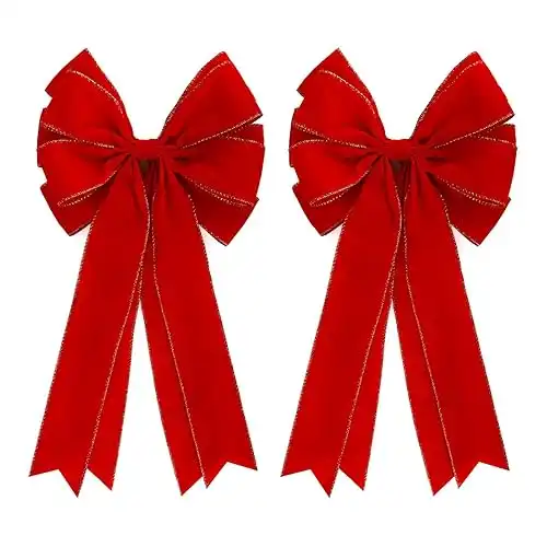 2 Pcs 20 x 10 Inch Large Red Velvet with Glitter Gold Edge Bows