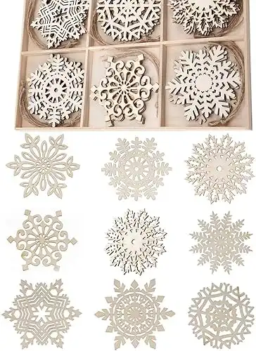 27Pcs Wooden Snowflakes Ornaments, 9.3cm/4inch