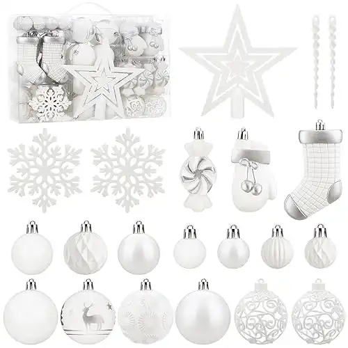 128 Pcs Christmas Assorted Tree Decorations Set, White