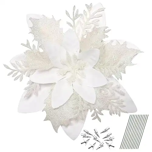 12 Pcs Poinsettia Artificial Flowers, Christmas Glitter White Flowers Ornaments for Christmas Tree, with Stems and Clips, White