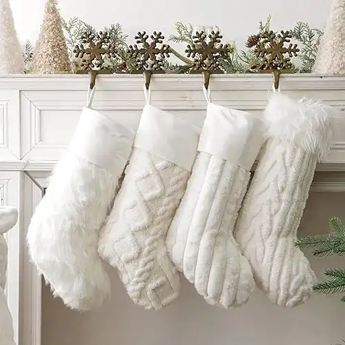 18 Inch Christmas Stockings Snow White Thick Plush Faux Fur - 4 Styles of Textured Patterns (4 Pcs)