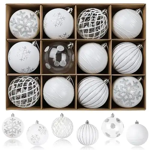 80 mm Christmas Balls Ornaments, Shatterproof with Lanyard,White & Silver, 12 pcs