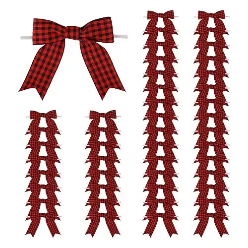 50 Pcs 3 Inches Ribbon Twist Tie Bows, Black and Red Buffalo Plaid Check