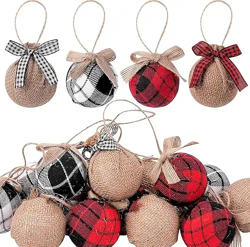 2 Inch Buffalo Plaid Fabric Wrapped Burlap Balls with Bow, 16 Pcs