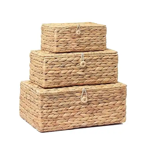 Wicker Storage Baskets with Lid, Large Rectangular Rattan, Set of 3