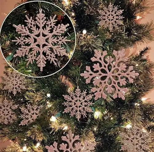 36 pcs Christmas Rose Gold Snowflake Ornaments Plastic Glitter Snow Flakes Ornaments