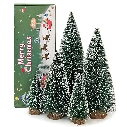 5 PCS Table top Bottle Brush Pine Tree Christmas Trees with Wooden Bases