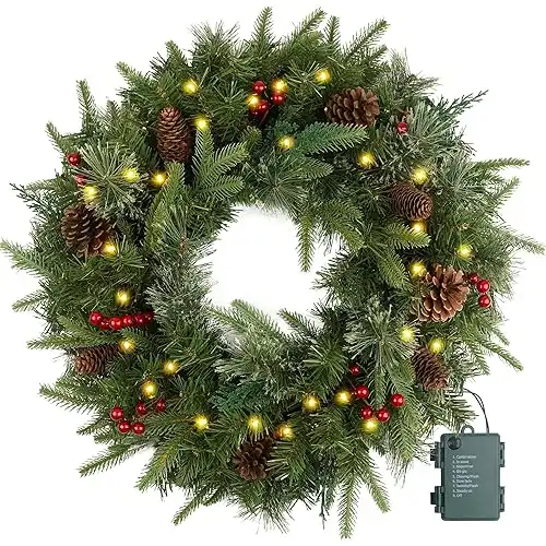 Pre-lit Artificial Christmas Wreath with 50 Lights & Pine Cones, 24 inch