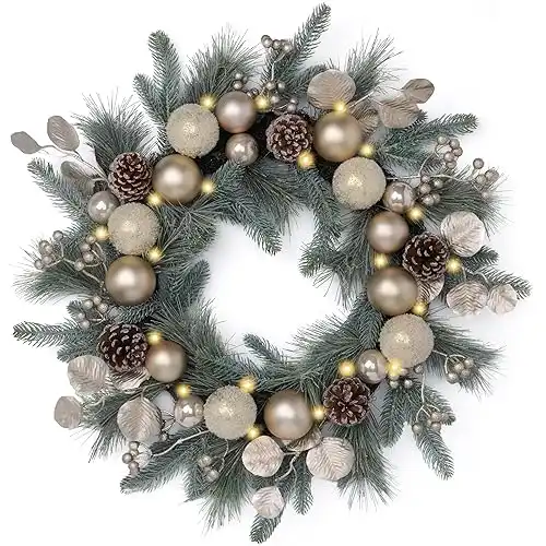 Pre-Lit Christmas Wreath with Lights, Pine Cone and White Christmas Balls, 20 Inch