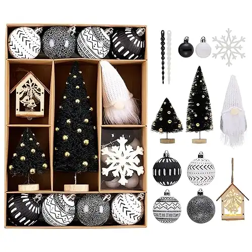 70ct Christmas Ornaments Set, Shatterproof Black White Boho Theme Christmas Tree Decorations