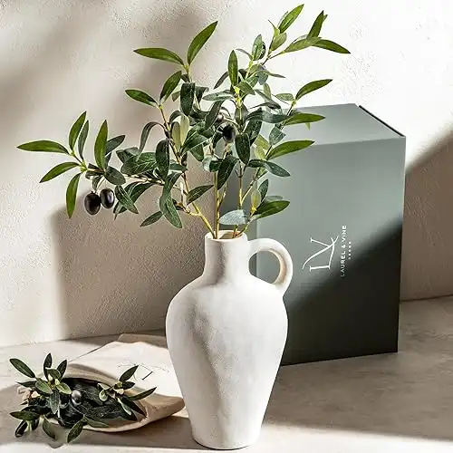 Luxurious Gift Set Textured Ceramic Vase 10 Inch with Olive Branches 22 Inch Tall, White